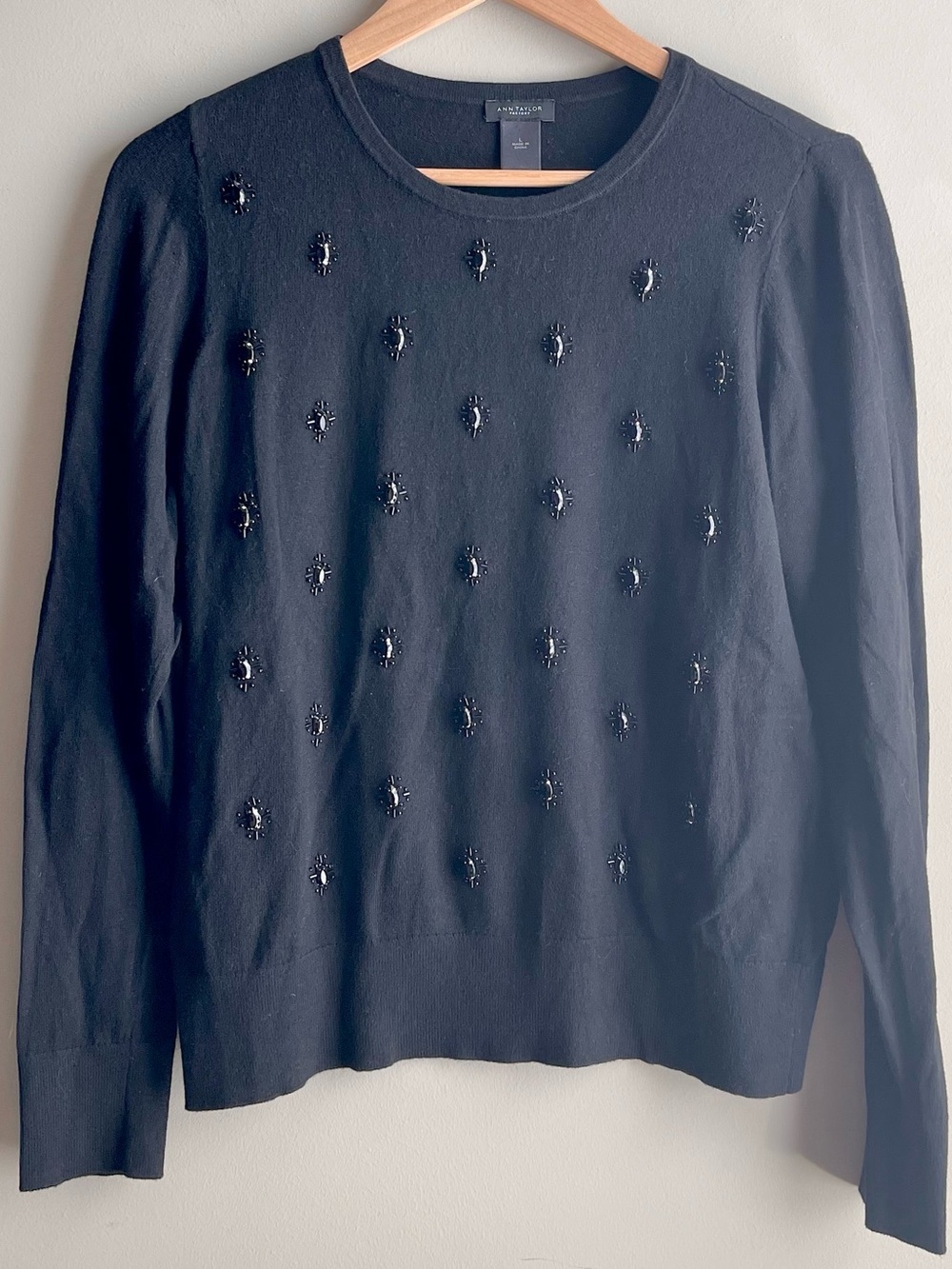 Ann Taylor Factory Black Crewneck Sweater with Beaded Embellishments